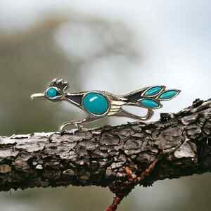1970’s Signed St. Labre Turquoise color and Silver Tone Road Runner Pin Brooch